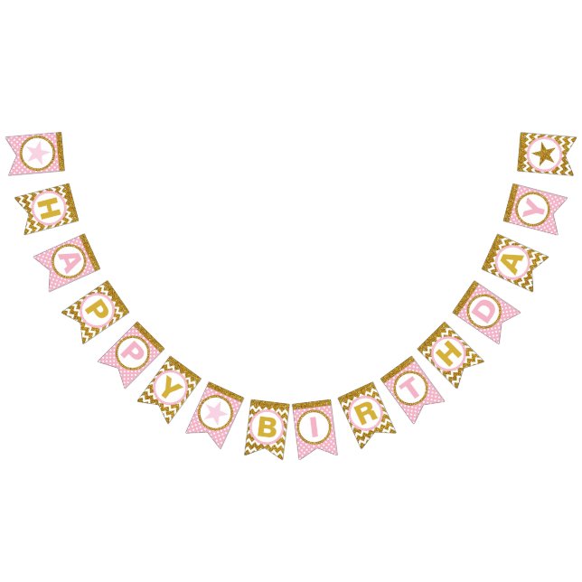 Gold and Pink Happy Birthday Bunting Flags, Custom Flags (All)