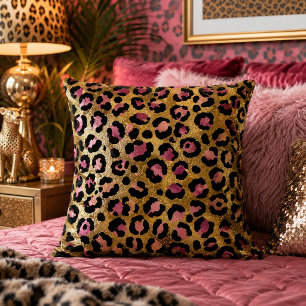 Gold and Pink Leopard Print Animal Pattern Throw Pillow