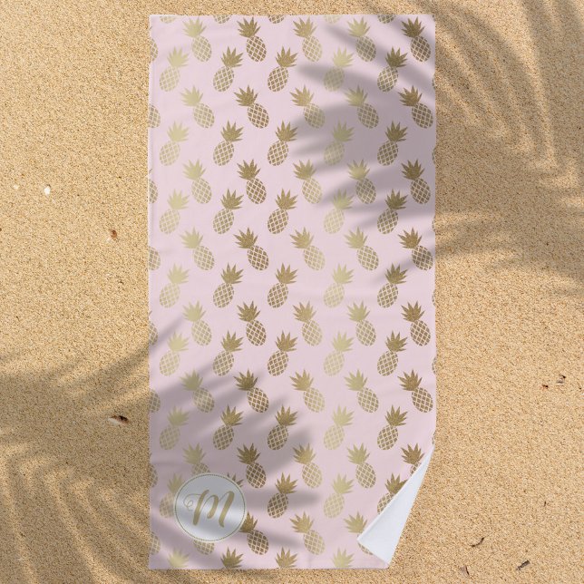 Gold and Pink Pineapple Pattern and Monogram Beach Towel (Creator Uploaded)