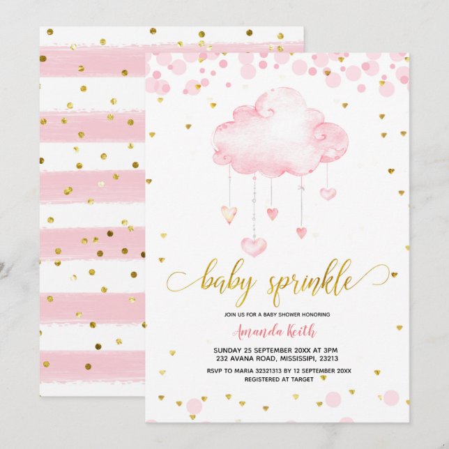 Gold and Pink Raincloud Baby Sprinkle Invitation (Front/Back)