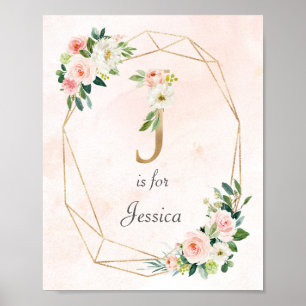 Gold and Pink Roses Baby Name Monogram Poster