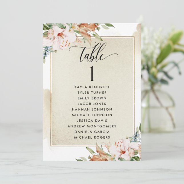 Gold and Pink Seating Plan Cards with Guest Names (Standing Front)