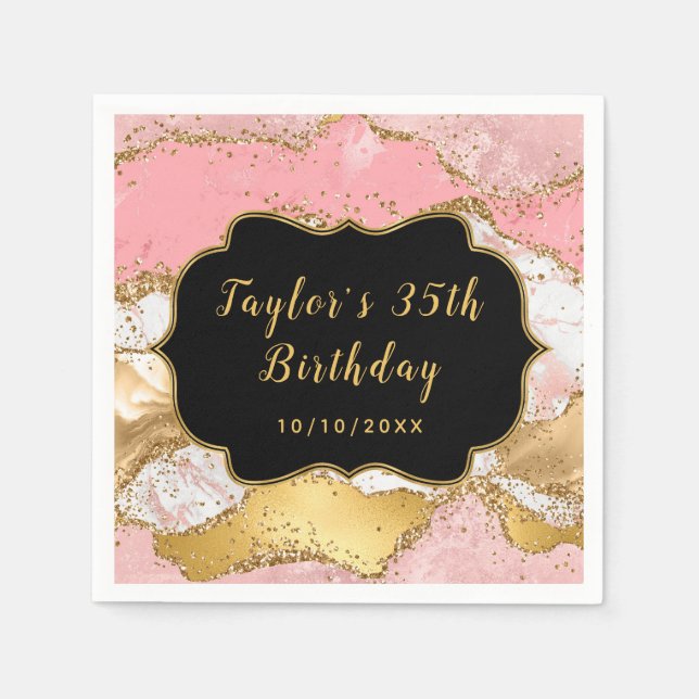 Gold and Pink Sequins Agate Birthday Napkin (Front)