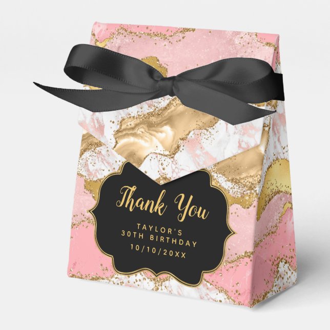 Gold and Pink Sequins Agate Birthday Thank You Favor Box (Front Side)