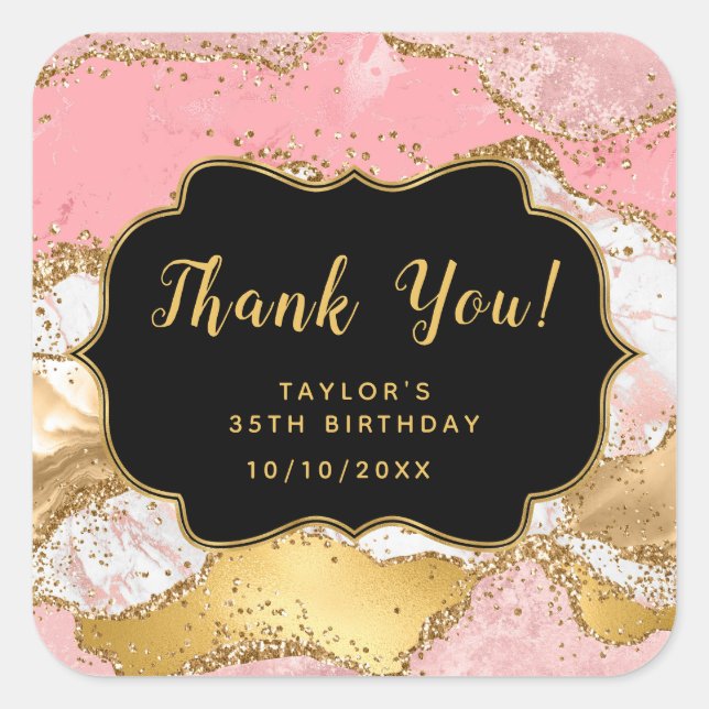 Gold and Pink Sequins Agate Birthday Thank You Square Sticker (Front)