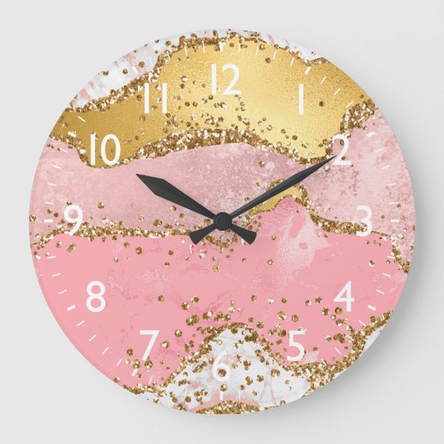 Gold and Pink Sequins Agate Large Clock (Front)