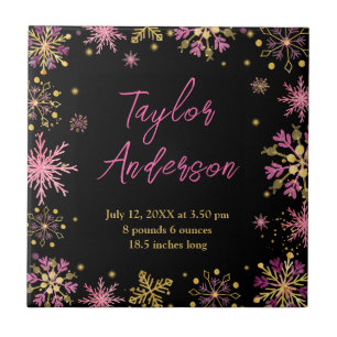 Gold and Pink Snowflakes Baby Birth Statistics Tile