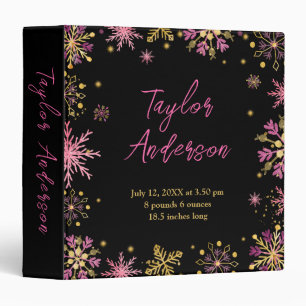 Gold and Pink Snowflakes Birth Stats Binder