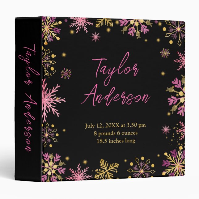 Gold and Pink Snowflakes Birth Stats Binder (Front/Spine)