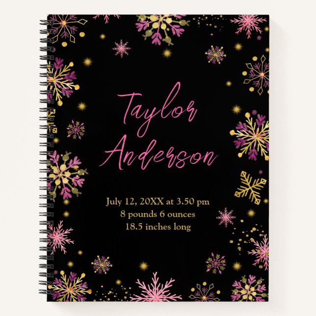 Gold and Pink Snowflakes Birth Stats Notebook (Front)