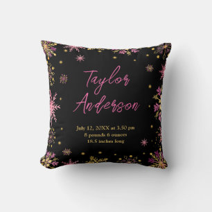 Gold and Pink Snowflakes Birth Stats Throw Pillow