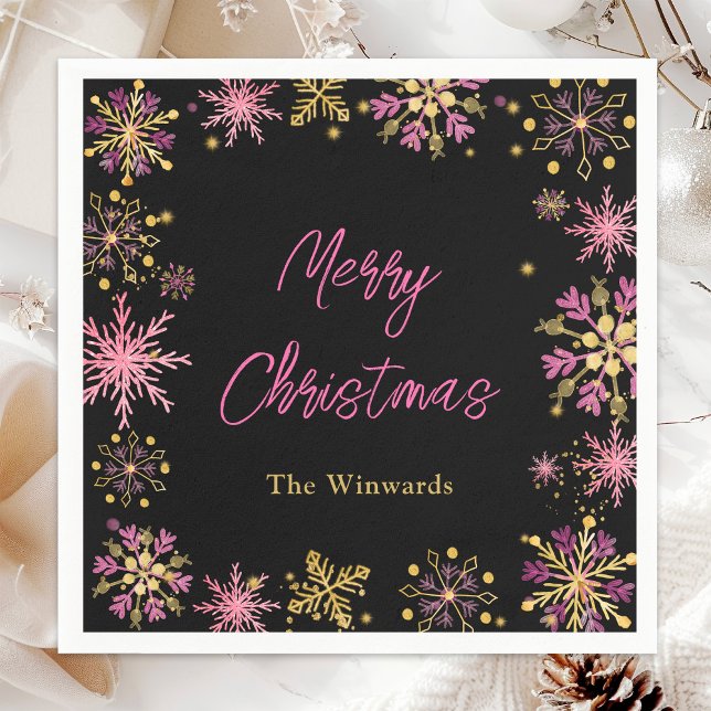Gold and Pink Snowflakes Christmas Party Napkin (Creator Uploaded)