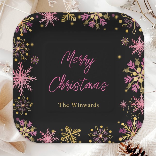 Gold and Pink Snowflakes Christmas Party Paper Plate (Creator Uploaded)
