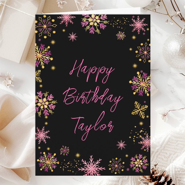 Gold and Pink Snowflakes Happy Birthday Card (Creator Uploaded)