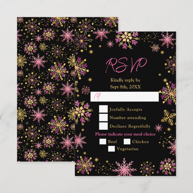 Gold and Pink Snowflakes Winter Meal Choice RSVP Card (Front/Back)