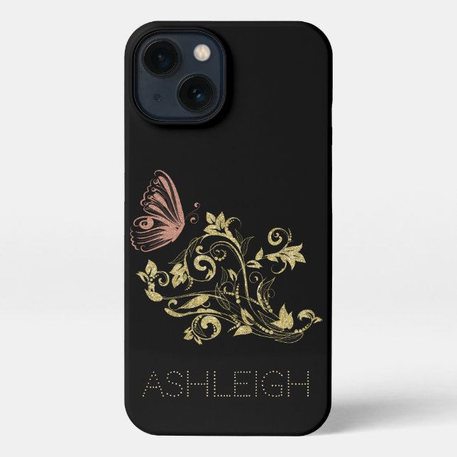 Gold and Pink Sparkle Butterfly Personalized iPhone Case (Back)