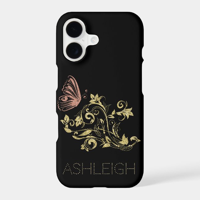 Gold and Pink Sparkle Butterfly Personalized iPhone Case (Back)