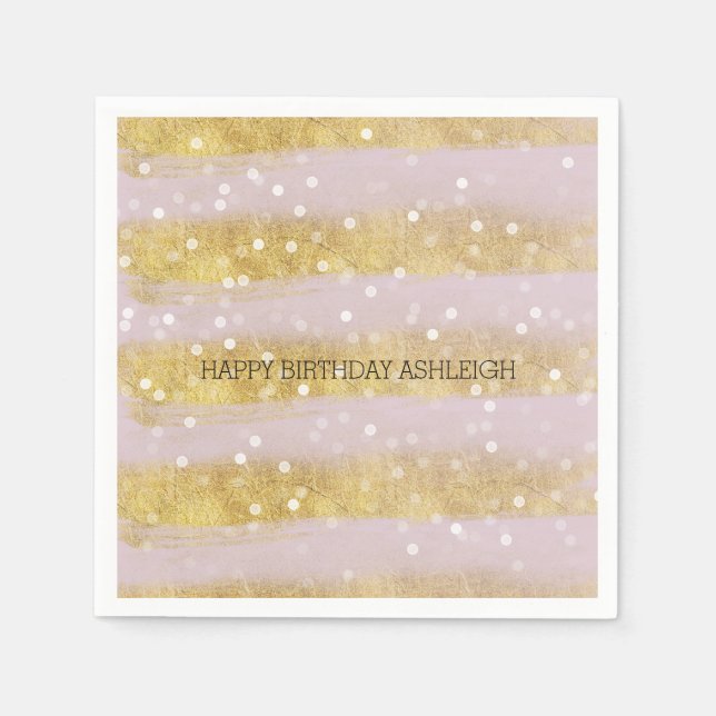 Gold and Pink Stripes Bokeh Confetti Napkin (Front)