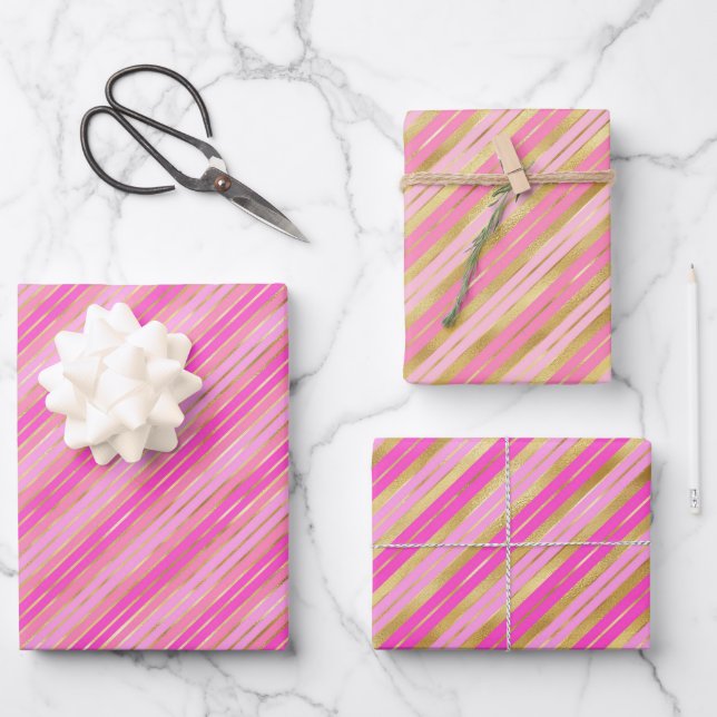 Gold and Pink Stripes Wrapping Paper Sheet (Front)