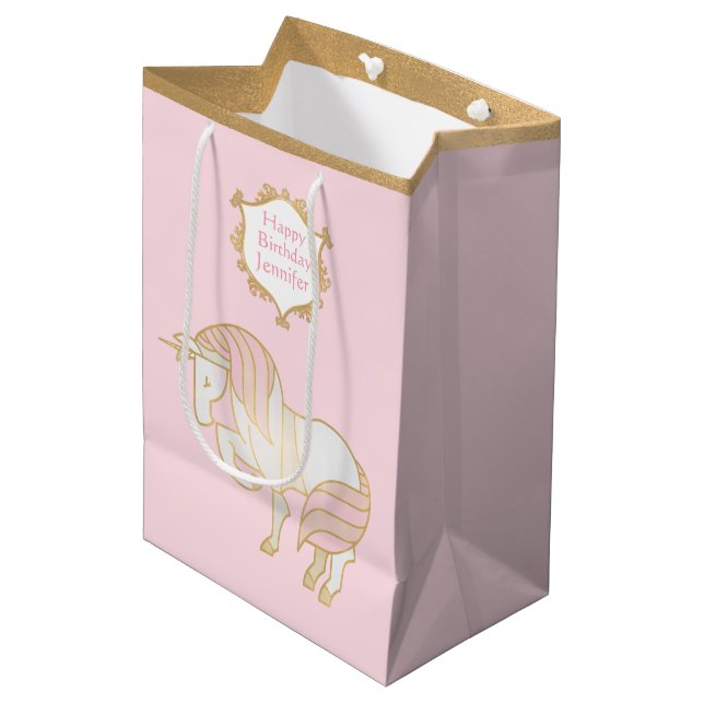 Gold and Pink Unicorn Gift Bag (Front Angled)