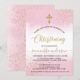 Gold And Pink  Watercolor Girl Christening Invitation