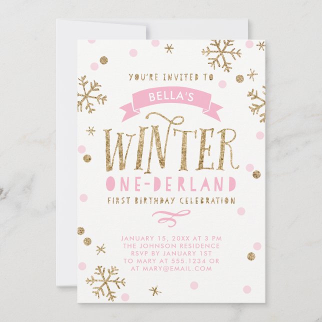 Gold and Pink Winter Onederland First Birthday Invitation (Front)
