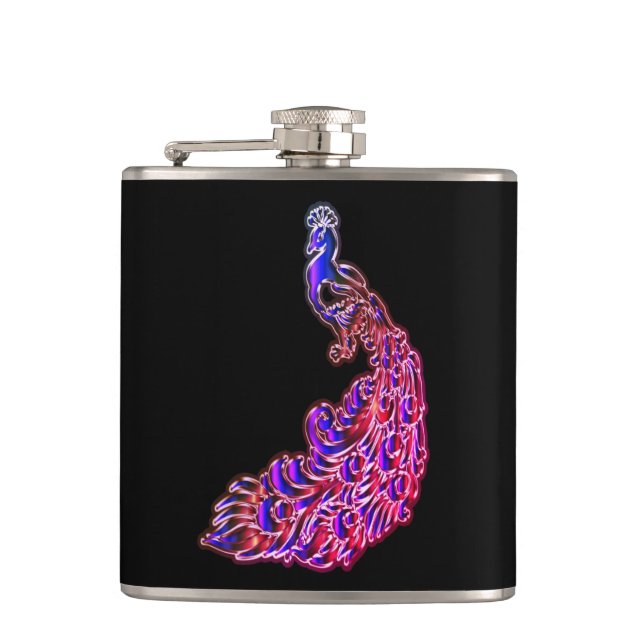 Gold and pinkish purple peacock glimmering hip flask (Front)