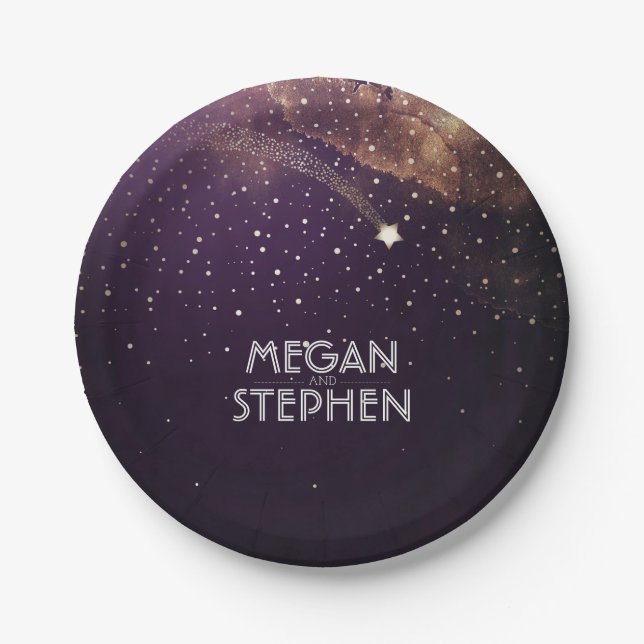 Gold and Plum Shooting Star Night Wedding Paper Plate (Front)