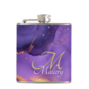 Gold and Purple Agate 💜✨Elegant Script Monogram Hip Flask