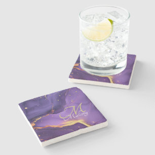 Gold and Purple Agate 💜✨Elegant Script Monogram  Stone Coaster