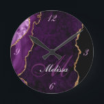 gold and purple agate monogram trendy round clock<br><div class="desc">An elegant mix of script with a personalized monogram on gold and purple agate background.</div>