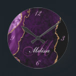 gold and purple agate monogram trendy round clock<br><div class="desc">An elegant mix of script with a personalized monogram on gold and purple agate background.</div>