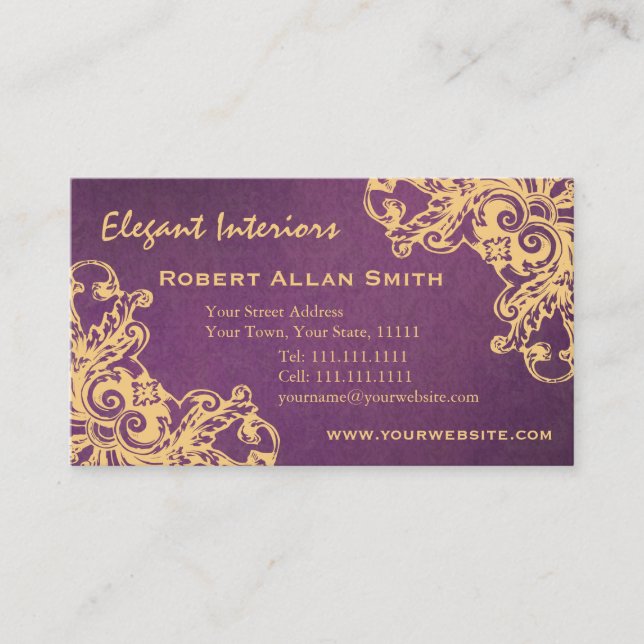 Gold and Purple Baroque Renaissance Damask Grunge Business Card (Front)