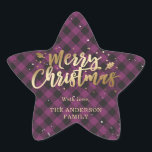 Gold and Purple Buffalo Plaid Merry Christmas Star Sticker<br><div class="desc">Custom gold and purple buffalo plaid Merry Christmas star stickers. Easily personalize these purple and black chequered Christmas stickers with your family name.</div>