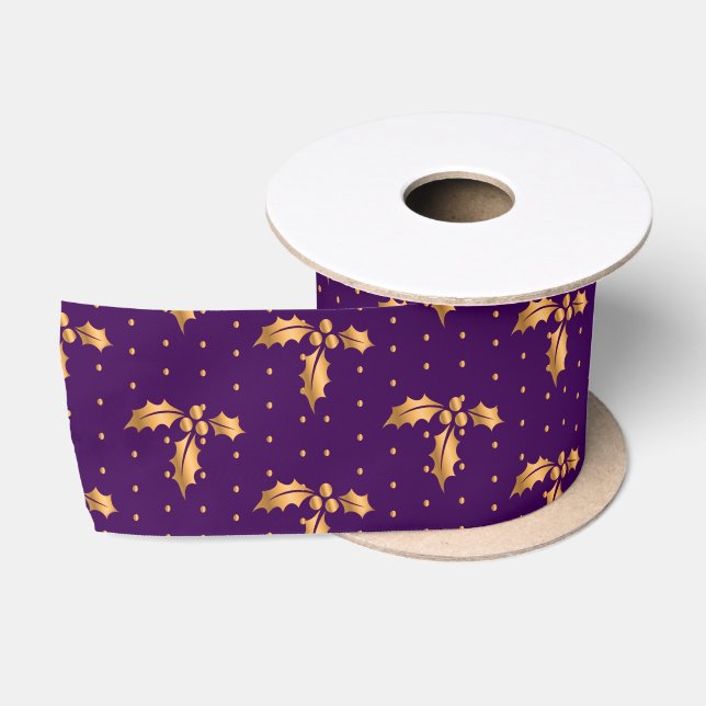 Gold and Purple Christmas Holly Satin Ribbon (Spool)