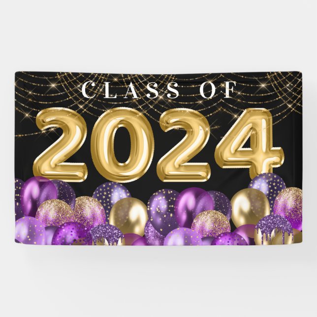 Gold and Purple Glitter Class of 2024 Graduation Banner (Horizontal)