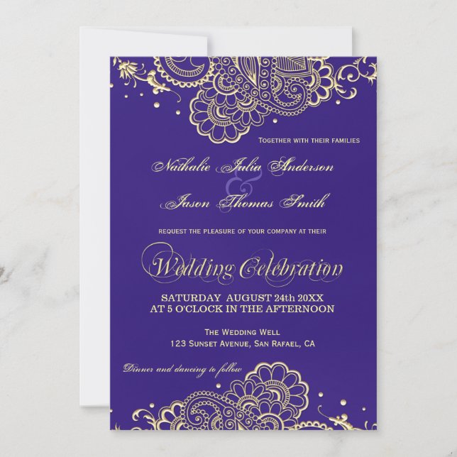 Gold and Purple Henna Lace Wedding Invitation (Front)