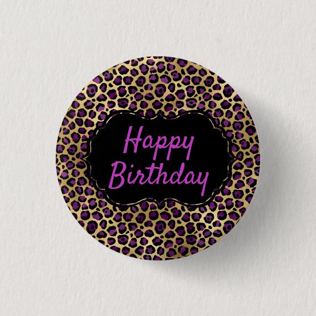 Gold and Purple Leopard Print Birthday 1 Inch Round Button (Front)