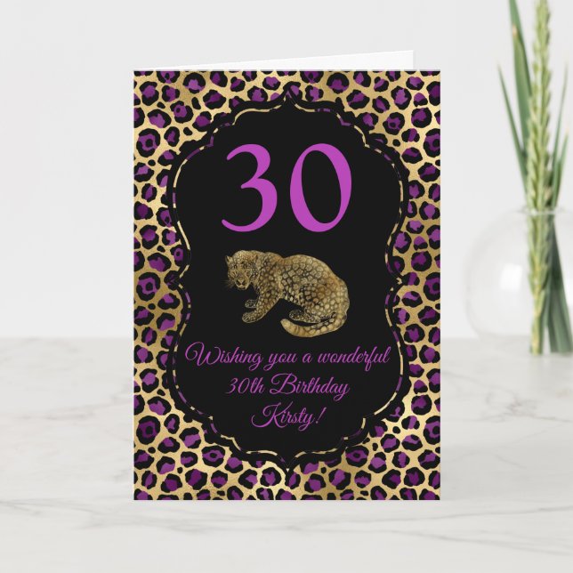 Gold and Purple Leopard Print Birthday Party Card (Front)