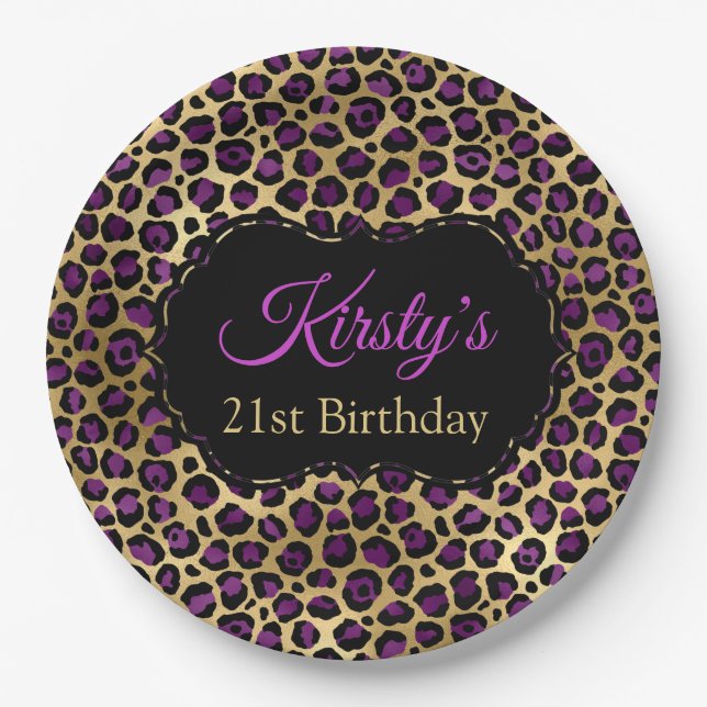 Gold and Purple Leopard Print Birthday Party Paper Plate (Front)