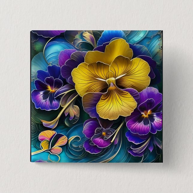 Gold and Purple Pansy Patch 2 Inch Square Button (Front)