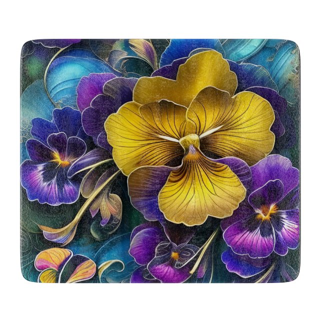 Gold and Purple Pansy Patch Cutting Board (Front)