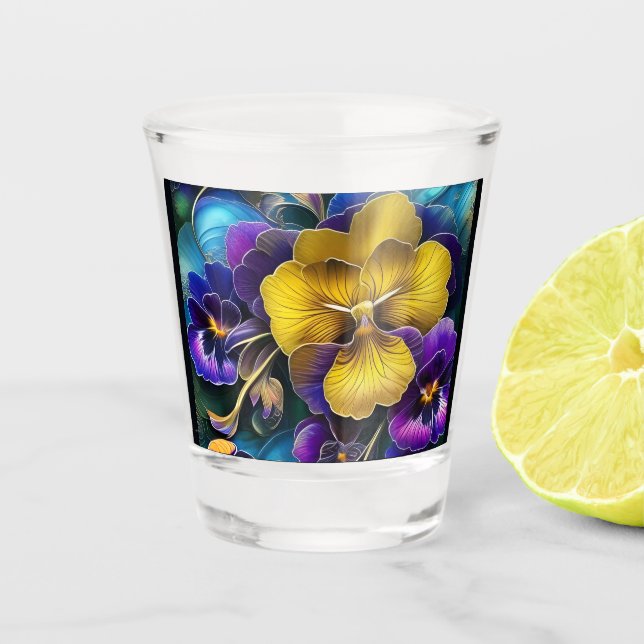 Gold and Purple Pansy Patch Shot Glass (Front)