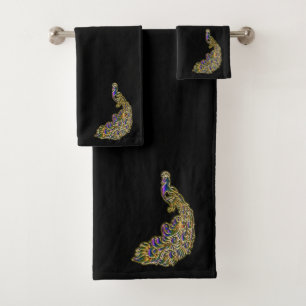Gold and purple peacock glimmering brightly bath towel set