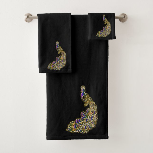 Gold and purple peacock glimmering brightly bath towel set (Insitu)