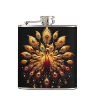 Gold and purple peacock glimmering brightly hip flask