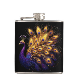 Gold and purple peacock glimmering brightly hip flask