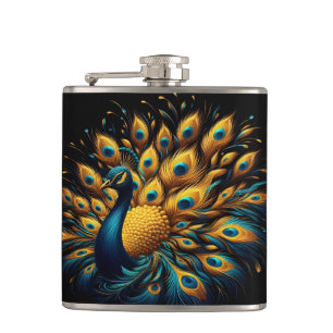 Gold and purple peacock glimmering brightly hip flask
