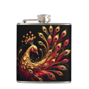 Gold and purple peacock glimmering brightly hip flask