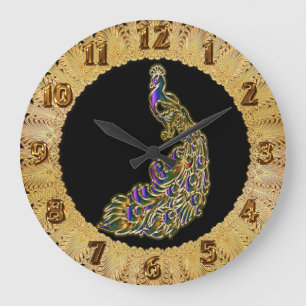 Gold and purple peacock glimmering brightly large clock